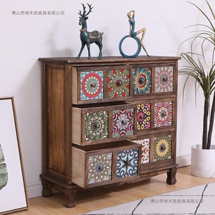 American Solid Wood Retro Storage Cabinet Drawer-Type Storage Cabinet Living Room Multi-Layer Storage Cabinet Bedroom Drawer Cabinet Balcony Cabinet