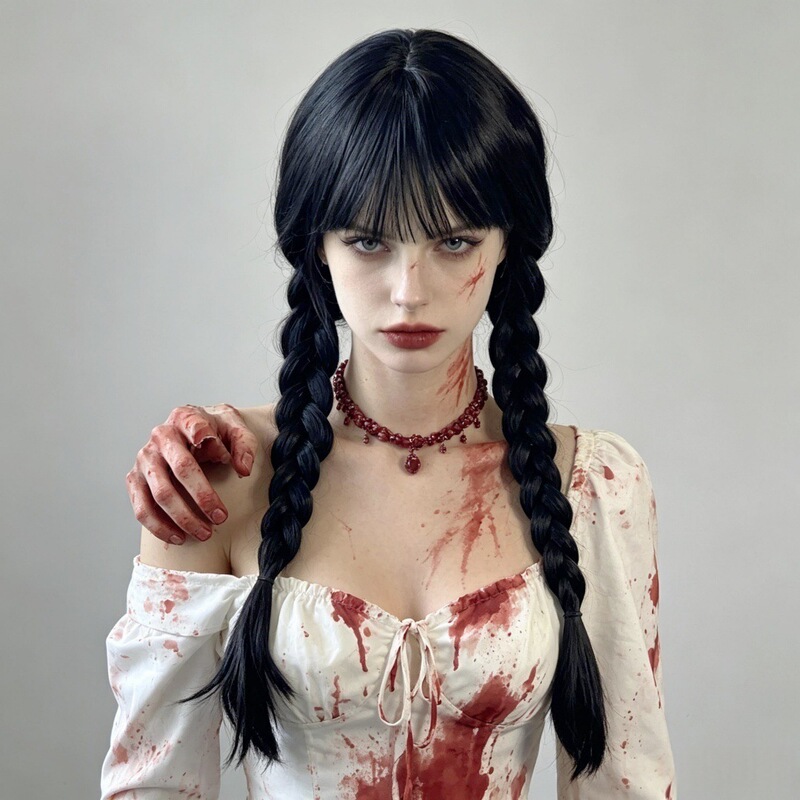 Black Double Braided Wig with Bangs, Same Style as the American Tv Series Wednesday, for Women, Cross-Border Party Headgear, Cosplay Wig Black Double Braided Wig with Bangs, Same Style as the American Tv Series Wednesday, for Women, Cross-Border Party Headgear, Cosplay Wig