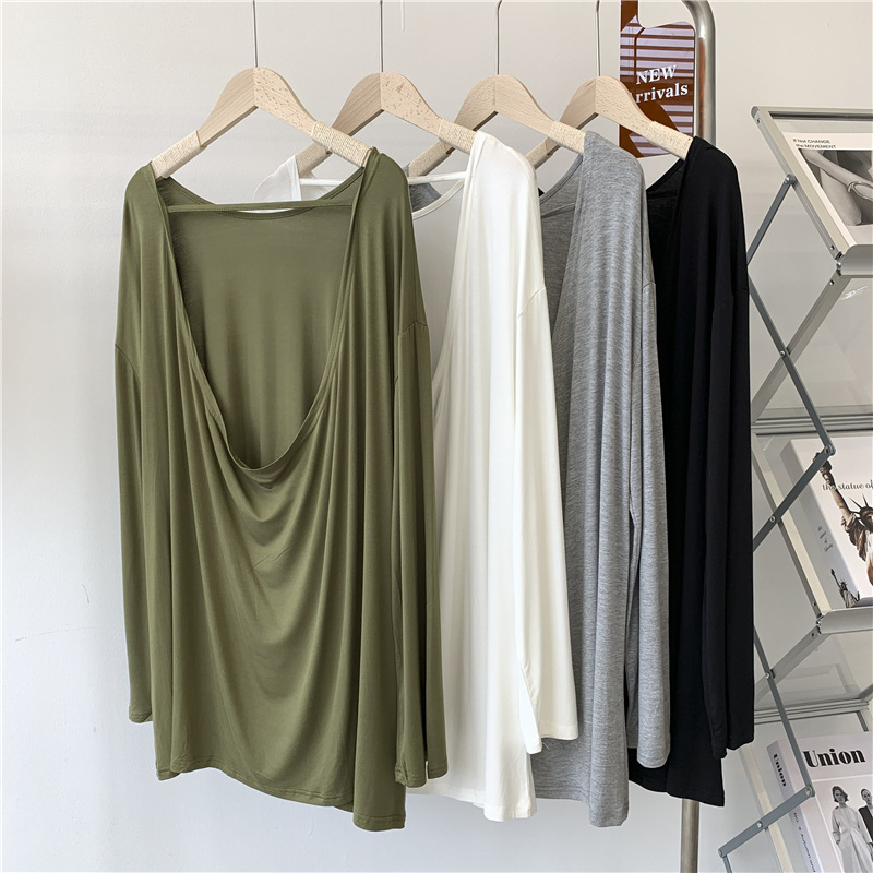 Modal Front Split Backless Long-Sleeved T-Shirt Women's Loose Large Size Solid Color Crew Neck Dance Clothes Modern Dance Top for Women