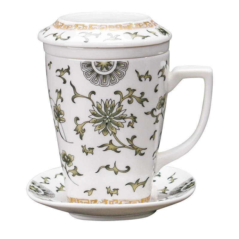 Blue and white tea cup, ceramic set for office, 4 piece set
