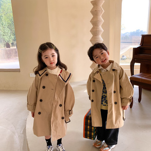 Children's Long-Sleeved Outwear 2025 Autum New Korean Style Preppy Style Double-Breasted Pure Color Long Windbreaker for Boys and Girls