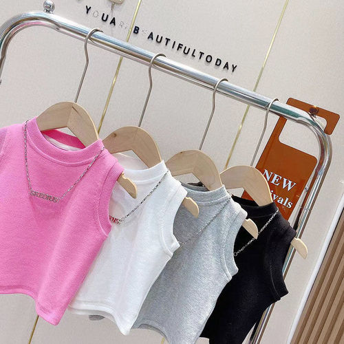 Ladies' Summer Tank Top T-Shirt for Kids, Baby Trendy Children's Personality Fashion Brand, Korean Version Necklace, Solid Color, Internet Famous Stylish Top