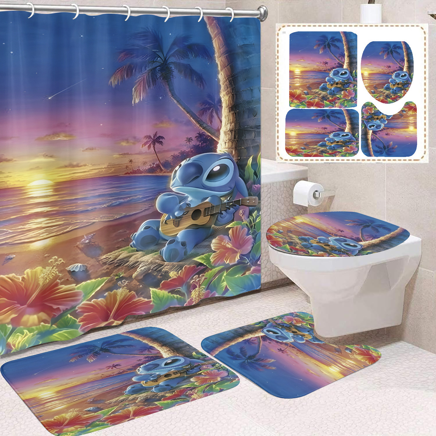 Venta directa de fábrica lindo baño de dibujos animados de cuatro piezas cortina de ducha impermeable cortina de ducha sin perforación cortina de partición de baño de baño