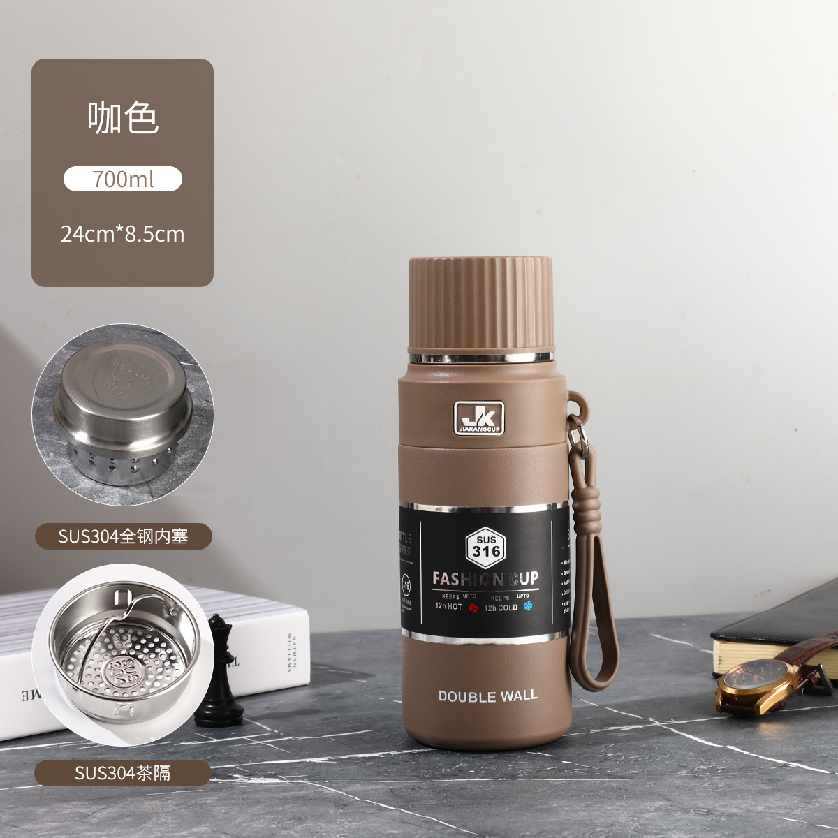 Taza de aislamiento térmico de acero inoxidable comercial con taza de agua al aire libre de gran capacidad para hacer té con tapa para beber hervidor de agua montado en automóviles