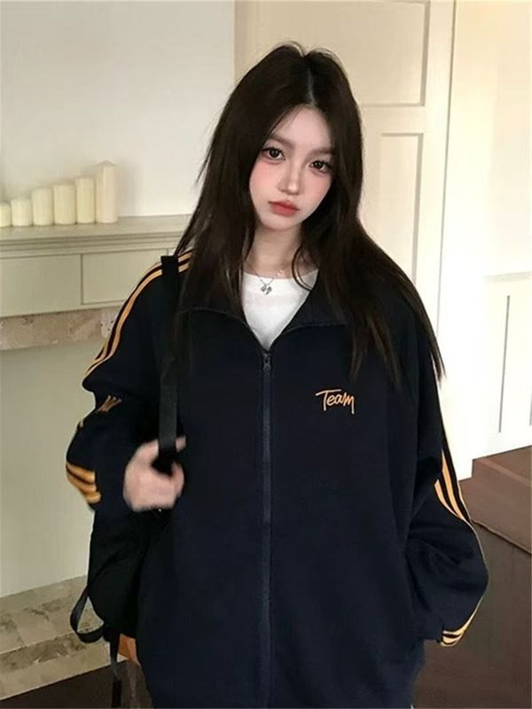 2025早秋新款宽松美式复古条纹卫衣外套女撞色立领拉链长袖棒球服|undefined