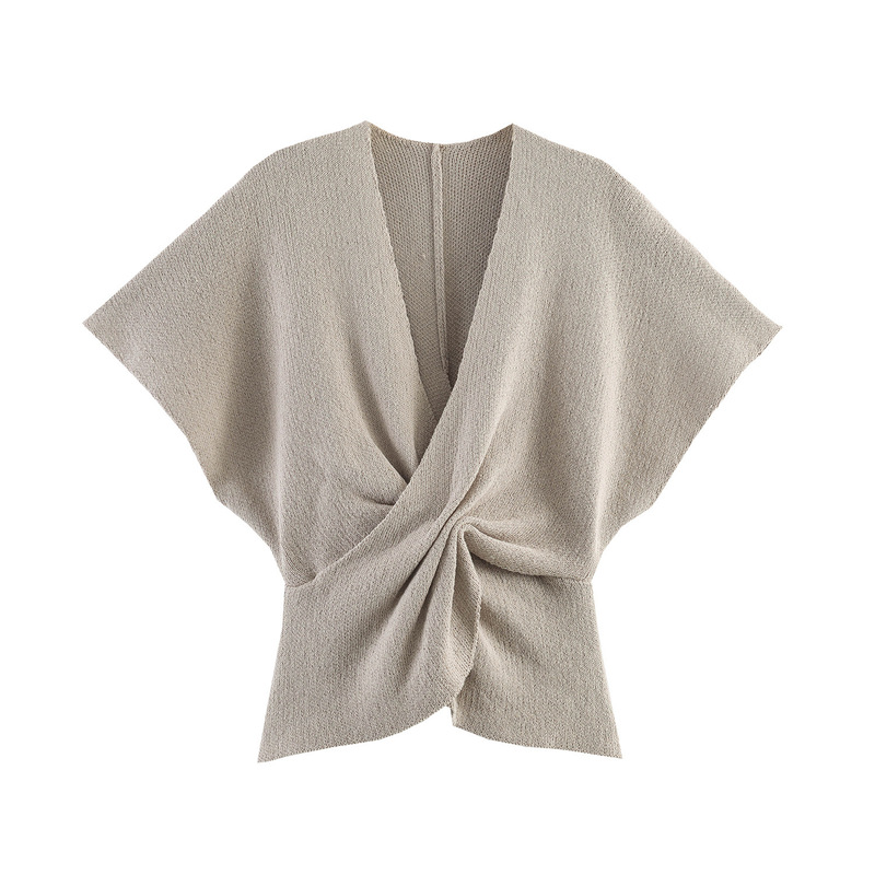 Cross-Border Women's Clothing Wholesale European and American Style Summer New Deep V-Neck Twist-Knit Short-Sleeve Top with Textured Waist-Cinching T-Shirt