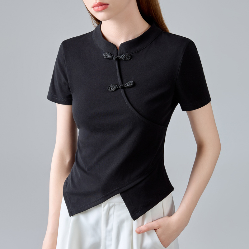 Nueva camiseta china de mangas cortas para mujeres verano 2024 nueva camiseta de estilo nacional con collar de hebilla de cintura irregular image 6
