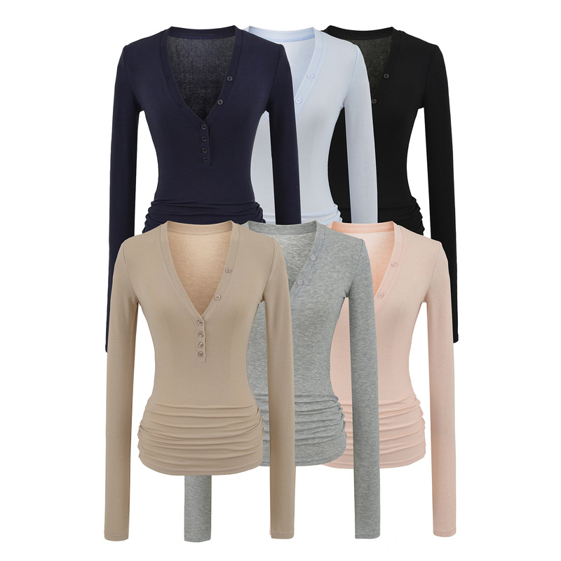 2025 Autumn New Tencel V-Neck Button Tight-Fitting Long-Sleeve T-Shirt for Women, Stretchy Slim Thin Base Shirt Top