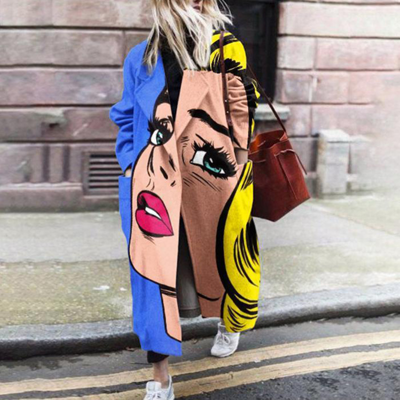 Abrigo de Lana Estampado para Mujer Poliéster Suelto para Moda Callejera