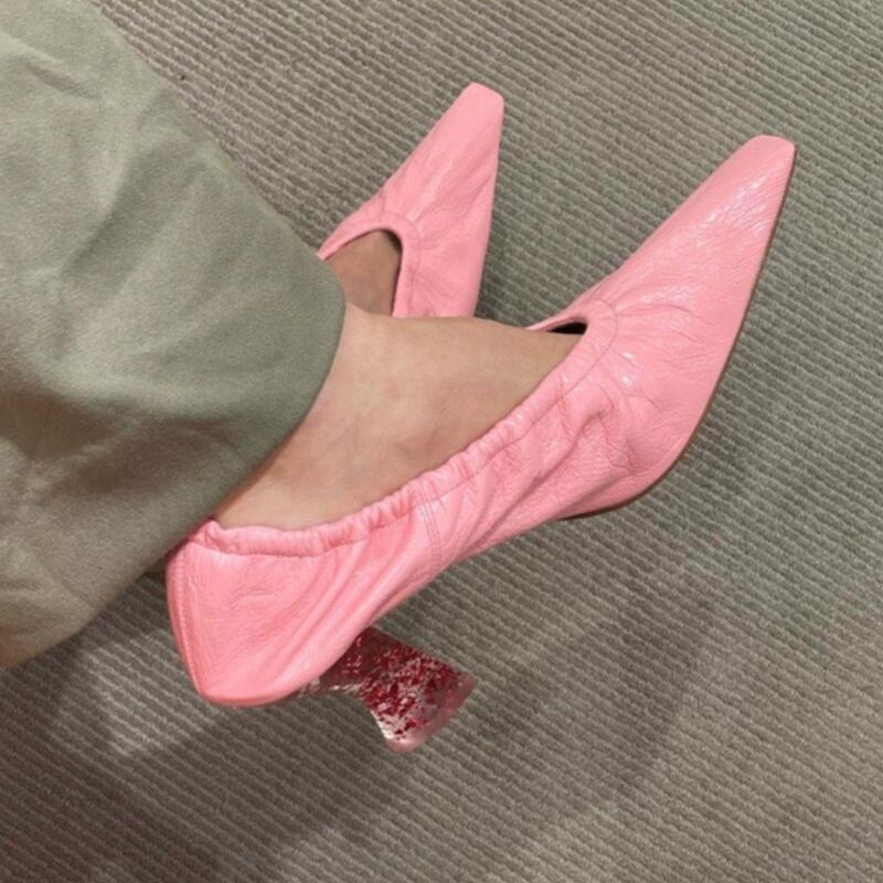Pink Bv Small Square-Toe Retro Single Shoes for Women, Leather Crystal Chunky Heel French High Heels, Elegant Witch Shoes