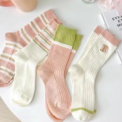 Socks for Girls - Spring and Summer Four Seasons Style, Forest System Embroidered Letter Pink Medium Calf College Style Fresh and Clean Girl Thin Socks