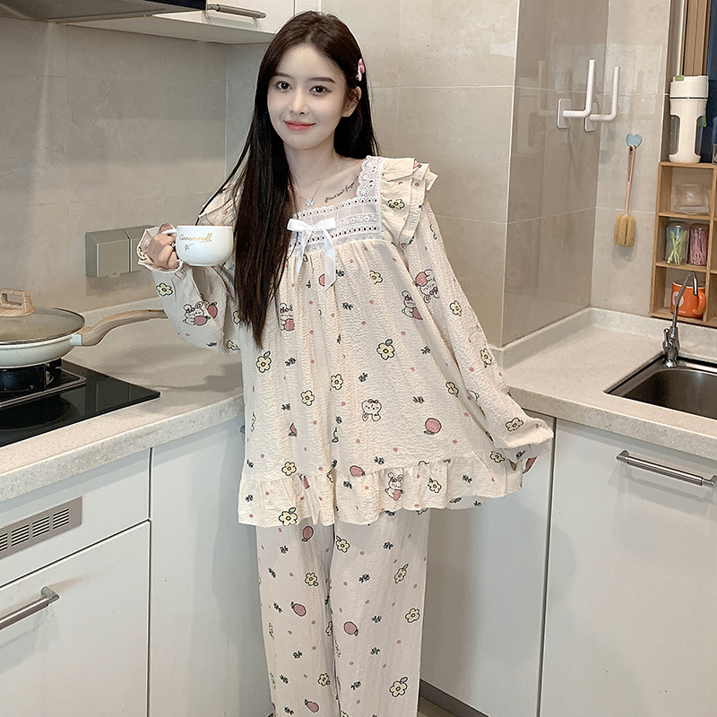 Chanel estilo ins pijamas de las mujeres tejido crepe encaje algodón Otoño e Invierno suéter manga larga dulce desgaste casero traje