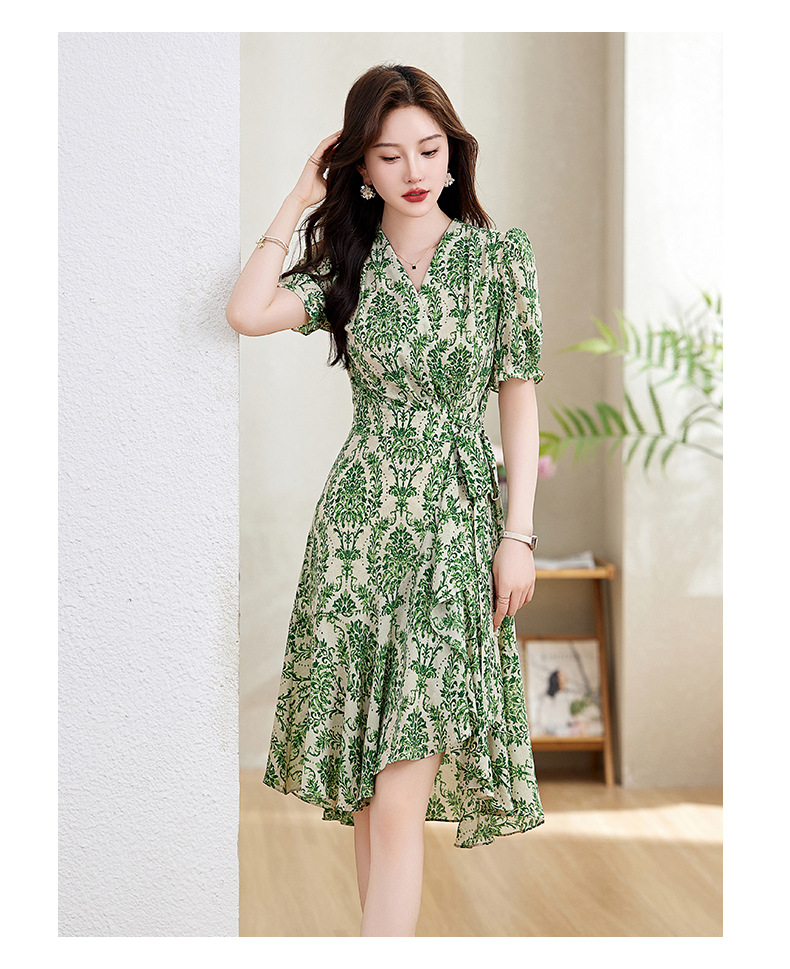 Váy maxi nữ cổ chữ V thắt eo họa tiết hoa nhí mùa hè — Màu xanh lá, Màu đỏ chi tiết 22