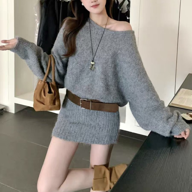 2025秋冬季韩系慵懒风不规则露肩毛衣包臂针织连衣裙+腰带两件套
