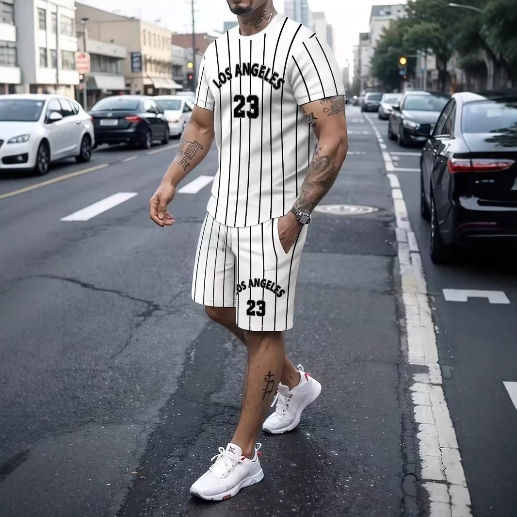 국경 간 뉴 남성 여름 트렌디 한 하와이 비치 흑백 스트리트 캐주얼 스포츠 반팔 세트