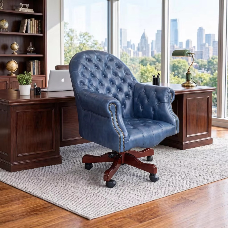 Luxurious Retro Executive Medieval Office Chair, Blue Genuine Leather, Wooden Base, Rotatable and Adjustable Backrest Chair