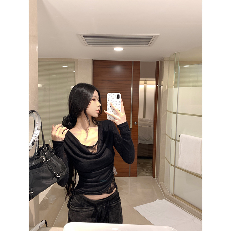 MosesQueen魔西女王假两件荡领蕾丝拼接针织衫修身显瘦长袖上衣秋|undefined