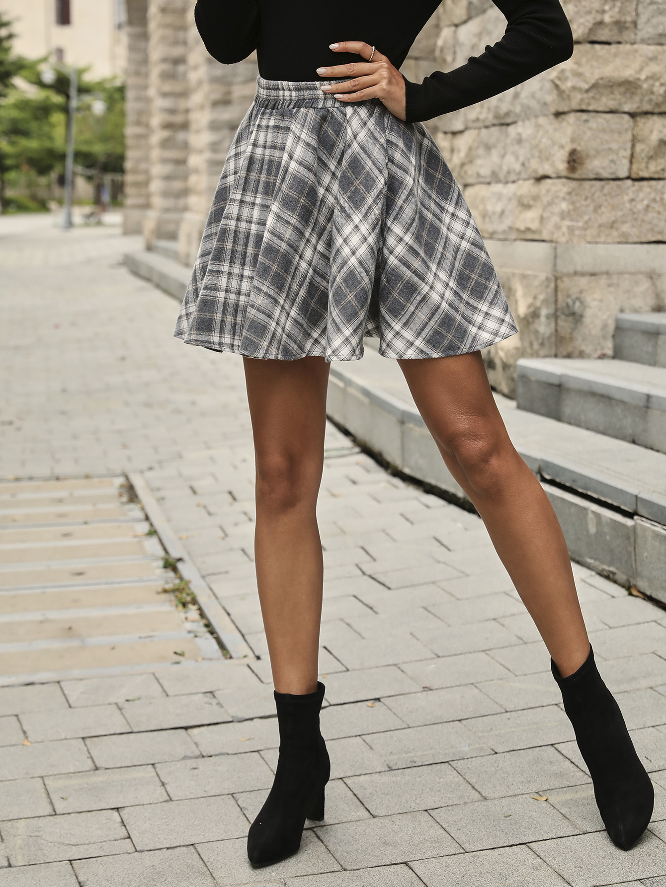 Gonna mini a pieghe a quadri gonna a-line elegante da donna_voghion.com