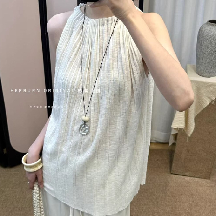 クロスボーダーヘップバーンプリーツホルターネックトップ女性の夏フレンチデザインニッチ気質ルーズノースリーブベスト痩身|undefined