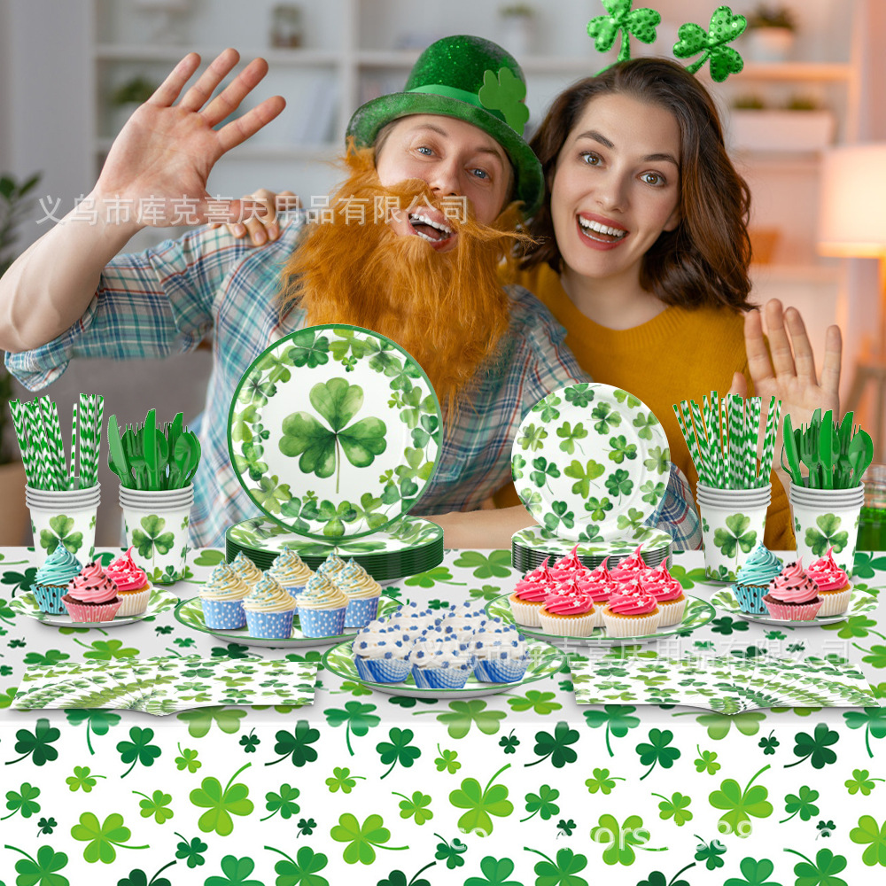 San Patricio de trébol fiesta decoración irlandesa bandeja de papel desechable taza de papel toallas de papel set de decoración de platos