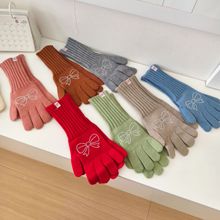 韩版贴钻蝴蝶结长款纯色针织分指手套女露指触屏防寒骑行保暖手套