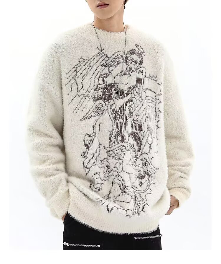 Herren Oversized Gothic Angel Strickpullover Warmes Fleece_voghion.com