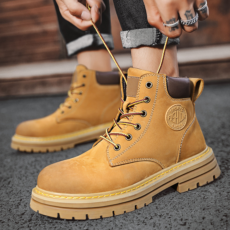 Bottes de travail en cuir britanniques montantes pour hommes, bottes d'extérieur antidérapantes et résistantes à l'usure pour le désert, grandes bottes jaunes pour hommes_voghion.com