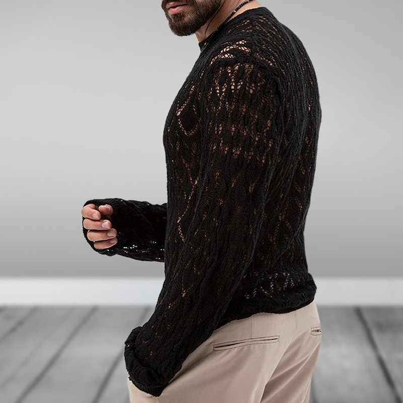 Männer Stricken Pullover Lange Hülse Dünne Kleidung Beiläufige Lose Aushöhlen Schwarz Pullover Männlichen Rundhals Atmungsaktive Feste Jumper Top_voghion.com