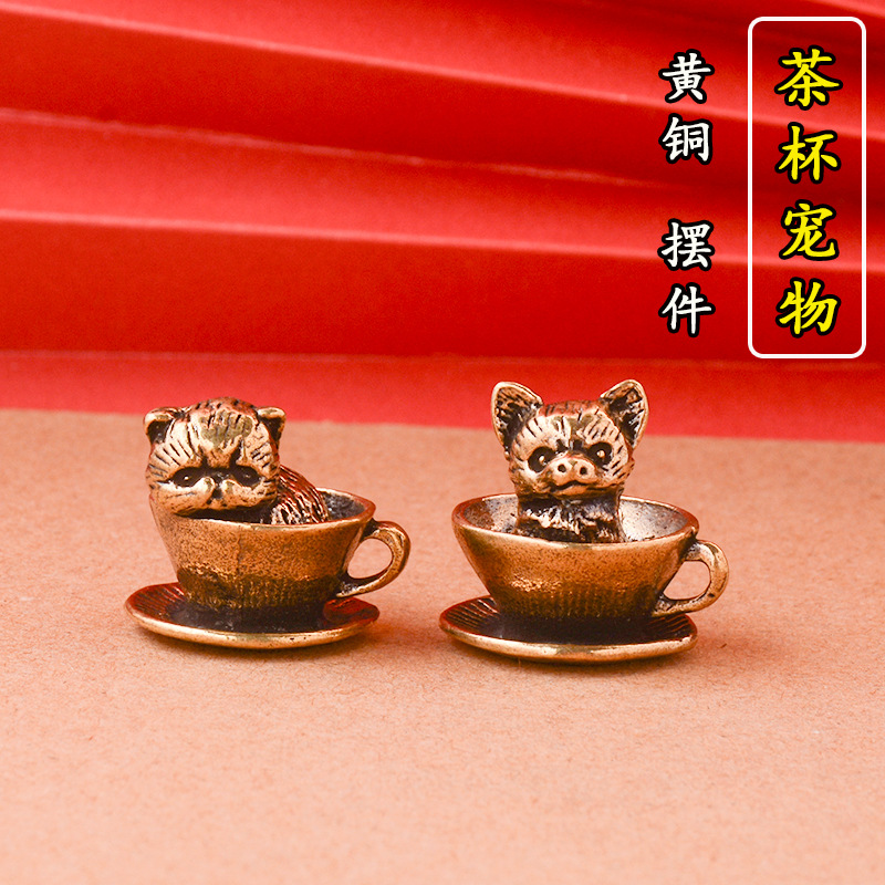 Cross-Border Brass Teacup Dog Figurine Creative Home Living Room Desktop Ornament Teacup Dog Teacup Cat Small Brassware Decoration