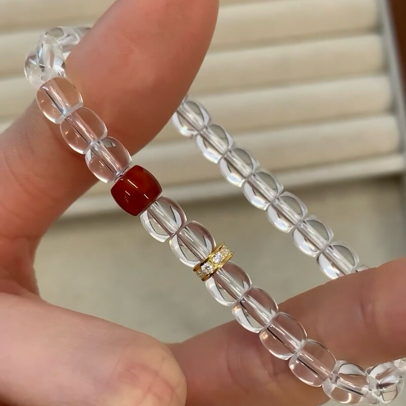 Red Agate Paired with Original Design Light Luxury Bracelet for Couples, White Crystal Barrel Beads, Artistic Retro Style, Unique and Free of Toxic Elements