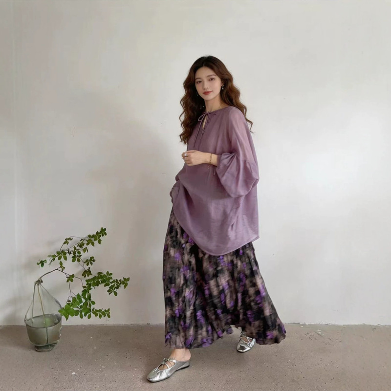 Spring and Summer Purple Ramie Tie-Up Shirt, Loose Plus-Size Lantern Sleeve Top, Sun Protection Cover-Up, Lazy Style Top Spring and Summer Purple Ramie Tie-Up Shirt, Loose Plus-Size Lantern Sleeve Top, Sun Protection Cover-Up, Lazy Style Top