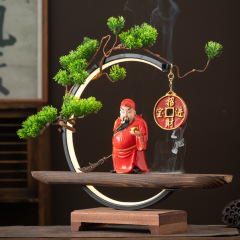 led燈圈中式倒流香爐擺件財神爺佛像關羽武財神客廳薰香裝飾