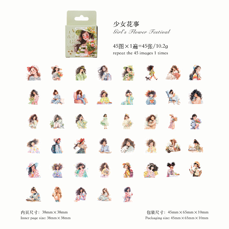 45 pegatinas en caja de tinta retrógrada en flores de chicas chicas flores de chicas cuentas de mano de decoración material pegatinas
