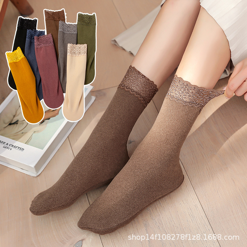 Long German velvet socks for women in autumn and winter new style plus velvet thickened confinement socks lace socks warm and comfortable high socks