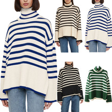 定制欧美跨境黑白条纹高领针织衫2025秋冬高档爆款打底衫上衣批发