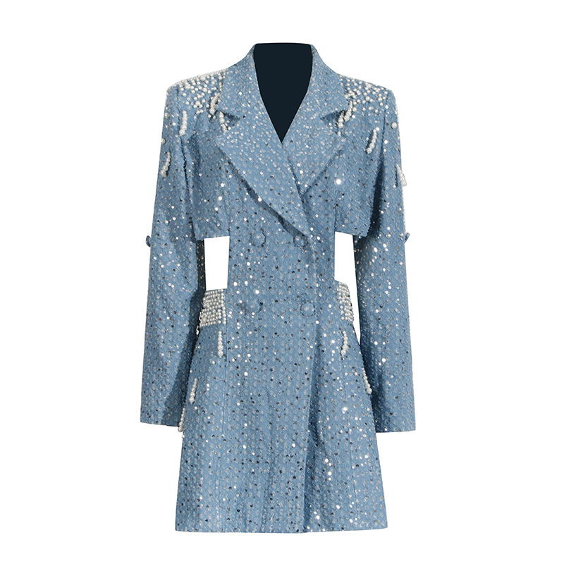 Women's Clothing Elegant Women's Dress With Pearl Embellishments & High Waist Design - Fashionable Long Sleeve A-Line Mini Dress For Summer_voghion.com