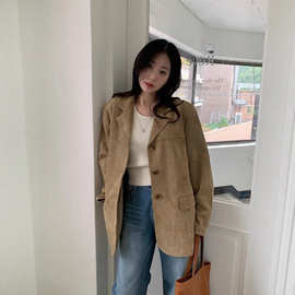 韩国ins春秋法式复古西装领单排扣气质小众休闲外套上衣长袖女