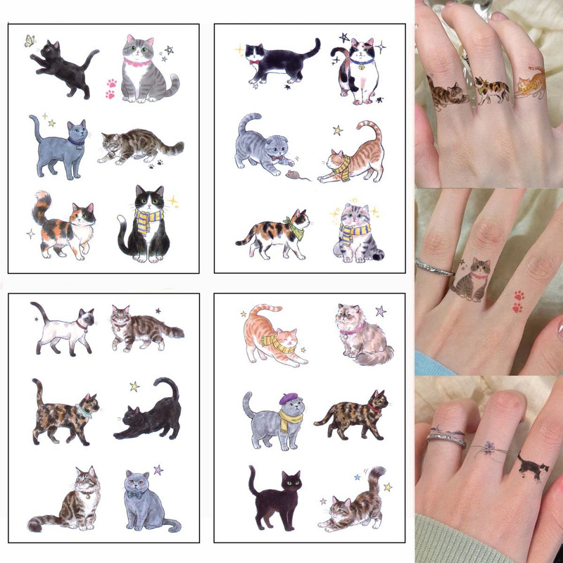 Kitty Finger Tattoo Sticker Ring Waterproof Long-Lasting Colorful Ins-Style Sweet Cool Cute Cartoon Sticker