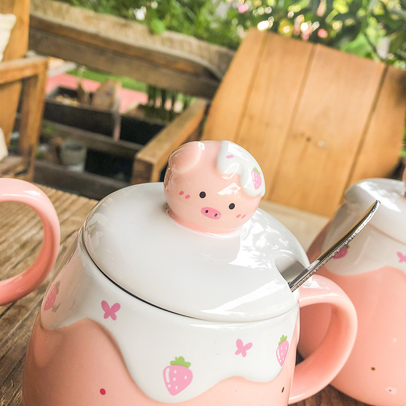 Japanese Cartoon Pig Belly Ceramic Cup Pink Girl Heart Cute Cup With Lid Office Creative Mug
