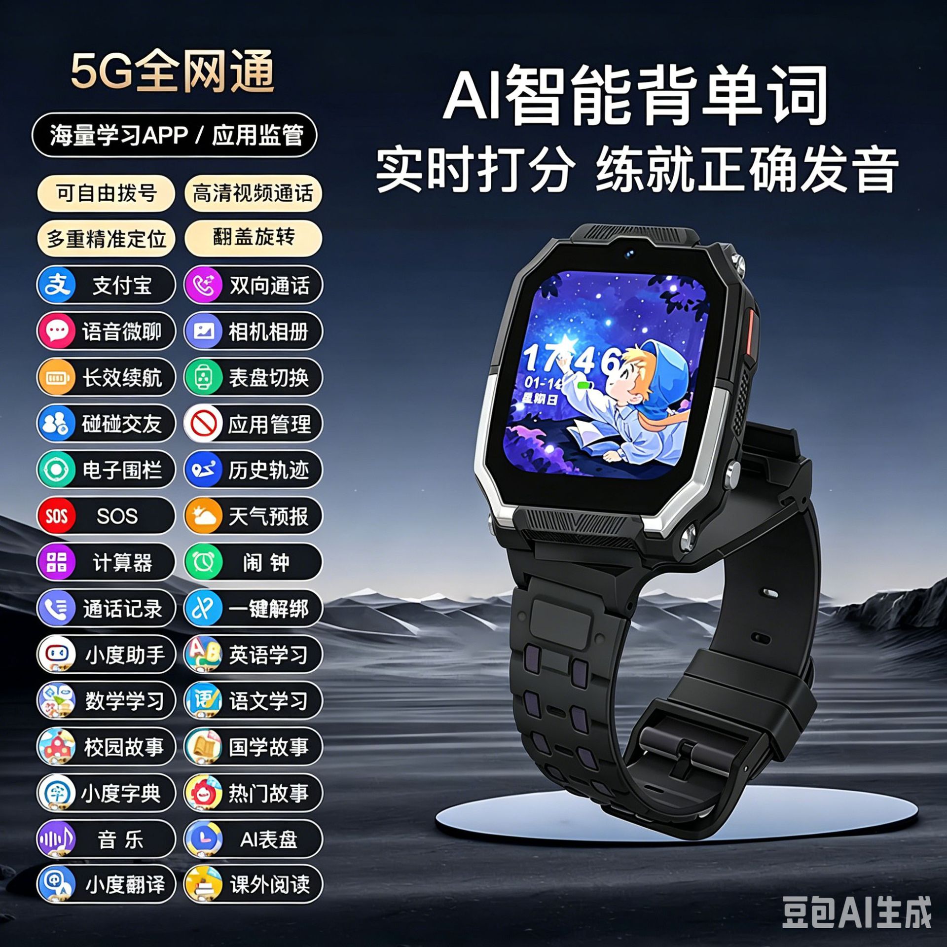 5G全网通高级黑10重定位+支付宝+长待机+视频通话+小度机器人+学习APP+音乐故事+上课禁用
