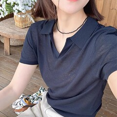クラシックオールドマネースタイル〜ポロカラー高級シンプルTシャツラペルアイスシルクリネン半袖セータートップ夏の女性用