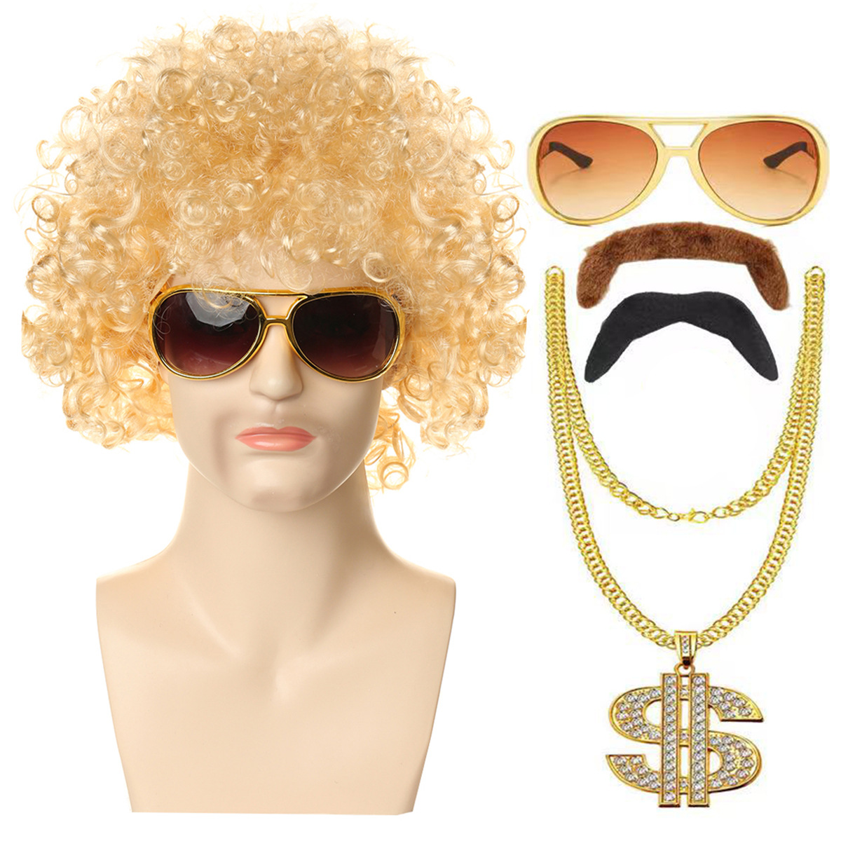 라이트 블론드 팬 헤어 + 엘비스 안경 투톤 수염 달러 목걸이
