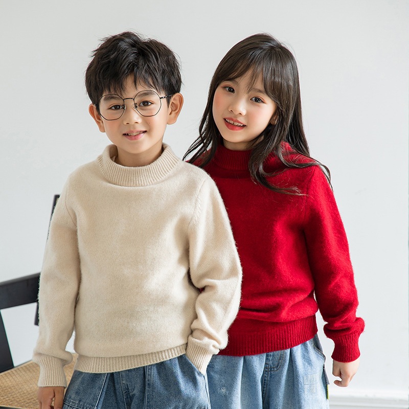 100% Wool High Neck Cashmere Sweater for Boys and Girls, Thick Knitwear for Medium and Large Children