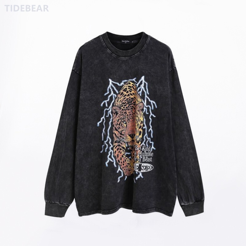 Chaoshen's European and American-style fried snowflake distressed long-sleeved sweater loose American casual printed beast pullover round neck shirt for men