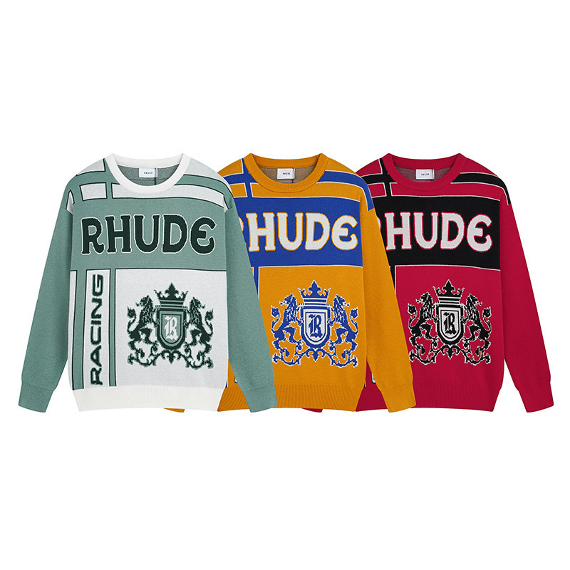 Cross-border European and American fashion brand RHUDE micro-label letter jacquard round neck pullover sweater men's and women's high street sweater coat