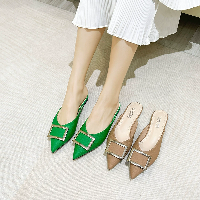 Туфли-улучшенные сланцы без каблука с носком в форме pointed toe и закрытой пяткой для женской летней верхней одежды, без каблука, ленивая Mule слипоны
