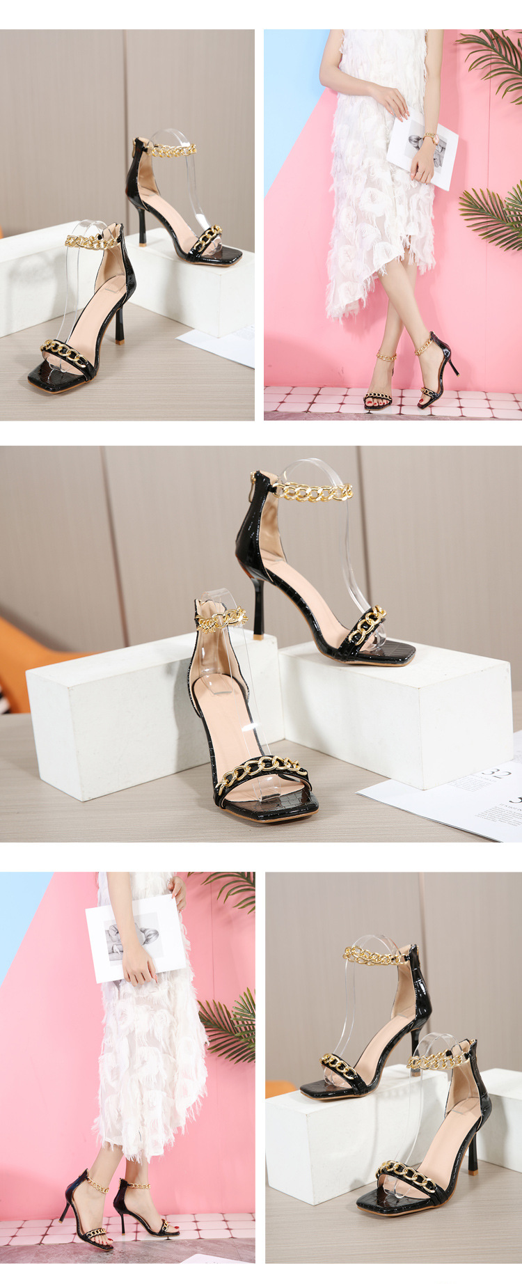 square toe pattern chain high-heeled sandals NSZLX117598