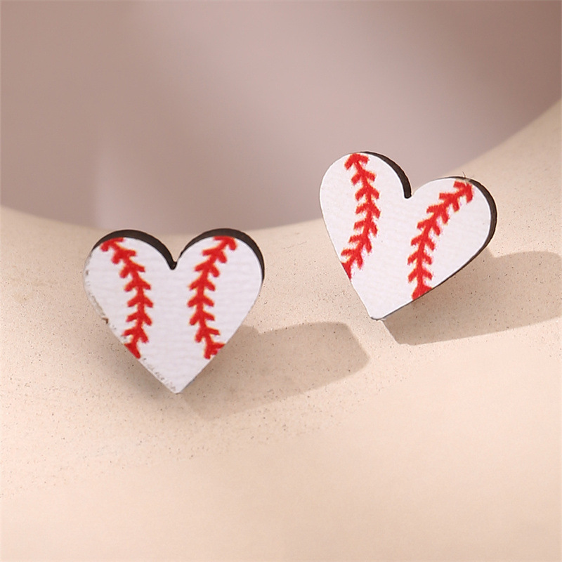 1 Pair Simple Style Rugby Heart Shape Football Wood Ear Studs display picture 7
