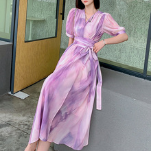 紫色雪纺扎染V领连衣裙一片式系带御姐风气质法式收腰显瘦长裙女