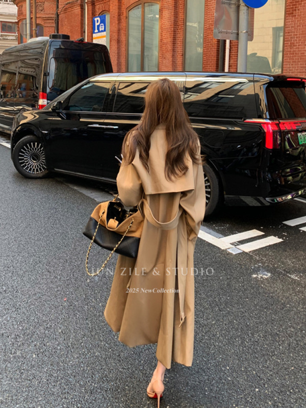 风衣女中长款外套南韩大女主气质经典宽松高个子翻领双排扣大衣|undefined